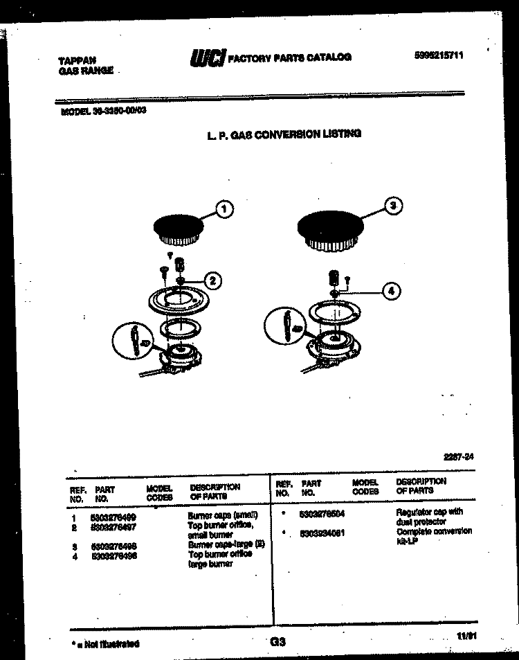 BURNER PARTS Diagram and Parts List for 30-3350-00-03  Tappan Range