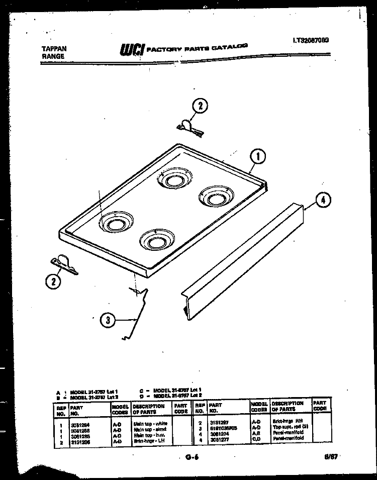 COOKTOP PARTS Diagram and Parts List for 31-2757-66-01  Tappan Range