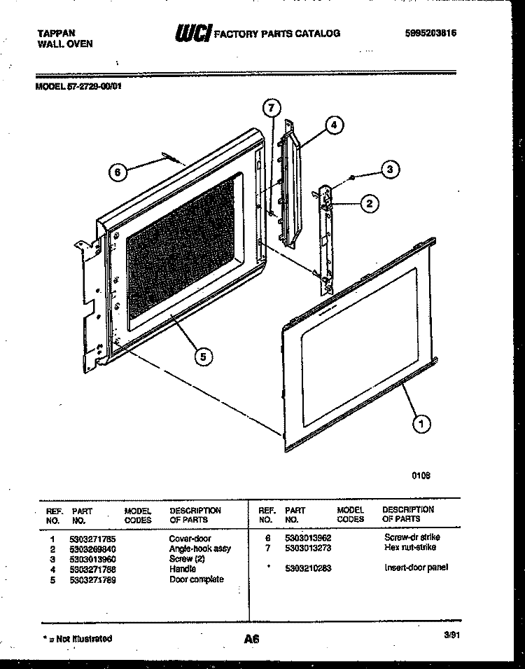 UPPER OVEN DOOR PARTS Diagram and Parts List for 57-2729-00-01  Tappan Microwave Oven Combo