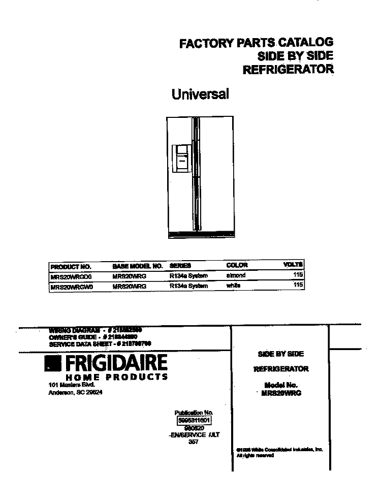COVER Diagram and Parts List for MRS20WRGD0  Frigidaire Refrigerator