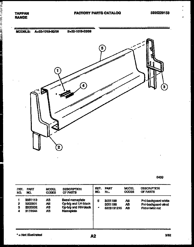 BACKGUARD Diagram and Parts List for 32-1019-00-08  Tappan Range