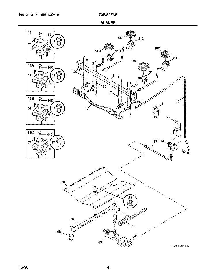 BURNER Diagram and Parts List for TGF336FWF  Tappan Range