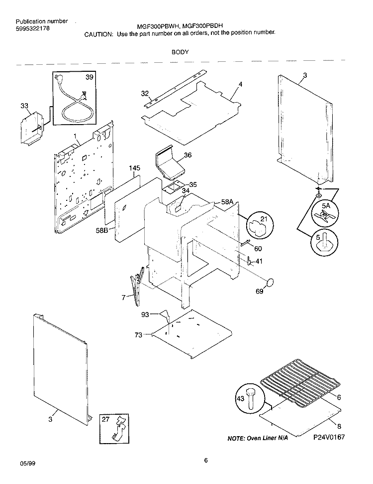 BODY Diagram and Parts List for MGF300PBDH  Frigidaire Range