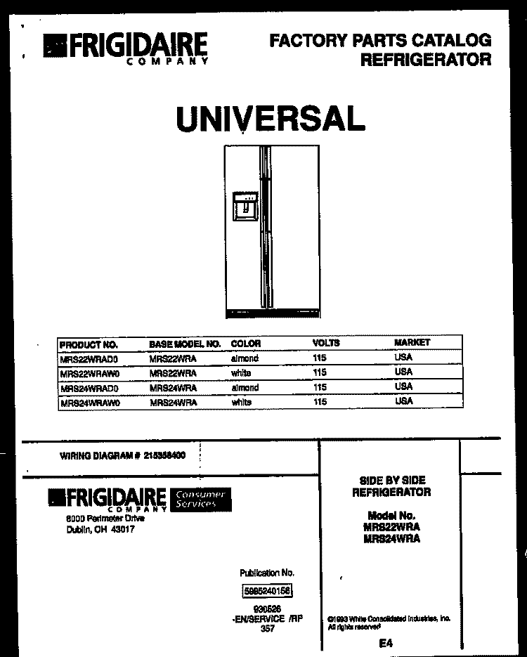 COVER Diagram and Parts List for MRS24WRADO  Frigidaire Refrigerator