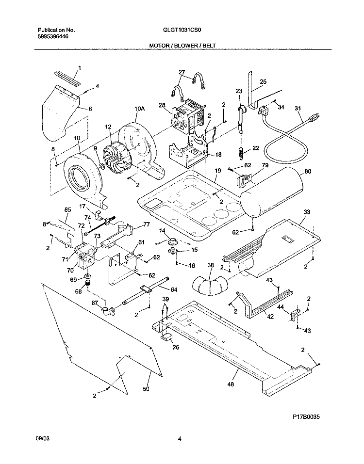 MOTOR / BLOWER / BELT Diagram and Parts List for GLGT1031CS0  Frigidaire Washer Dryer Combo