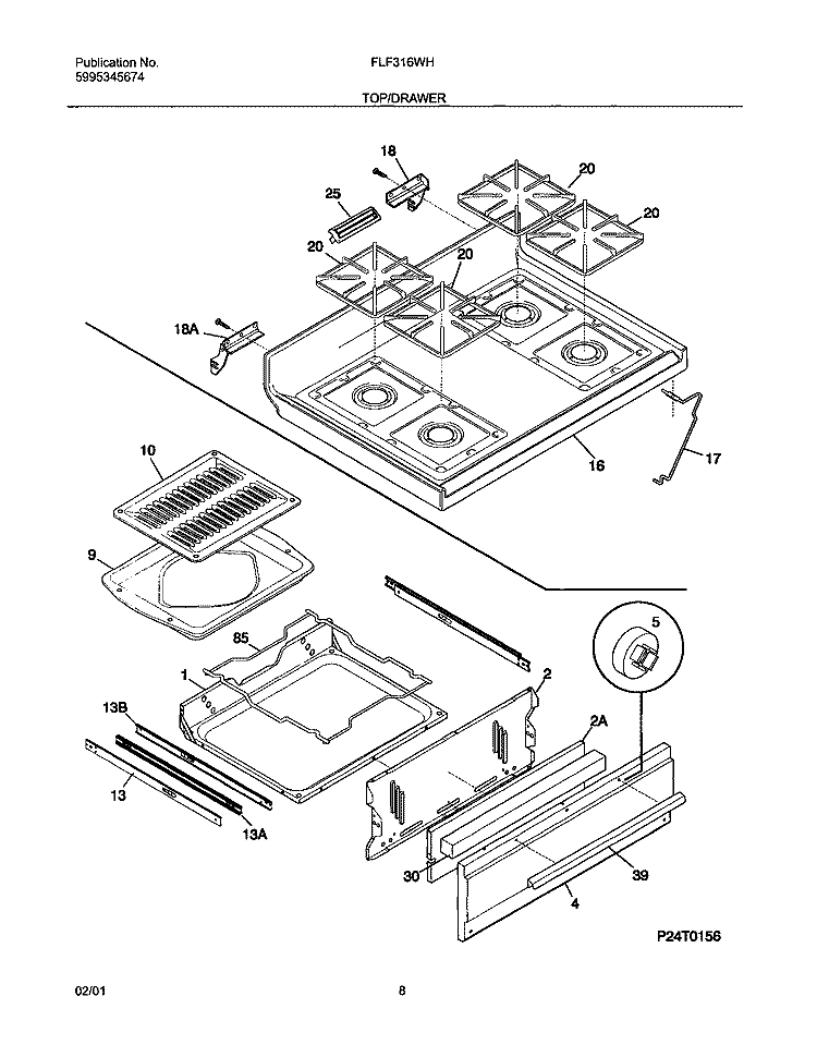 TOP / DRAWER Diagram and Parts List for FLF316WHSA  Frigidaire Range