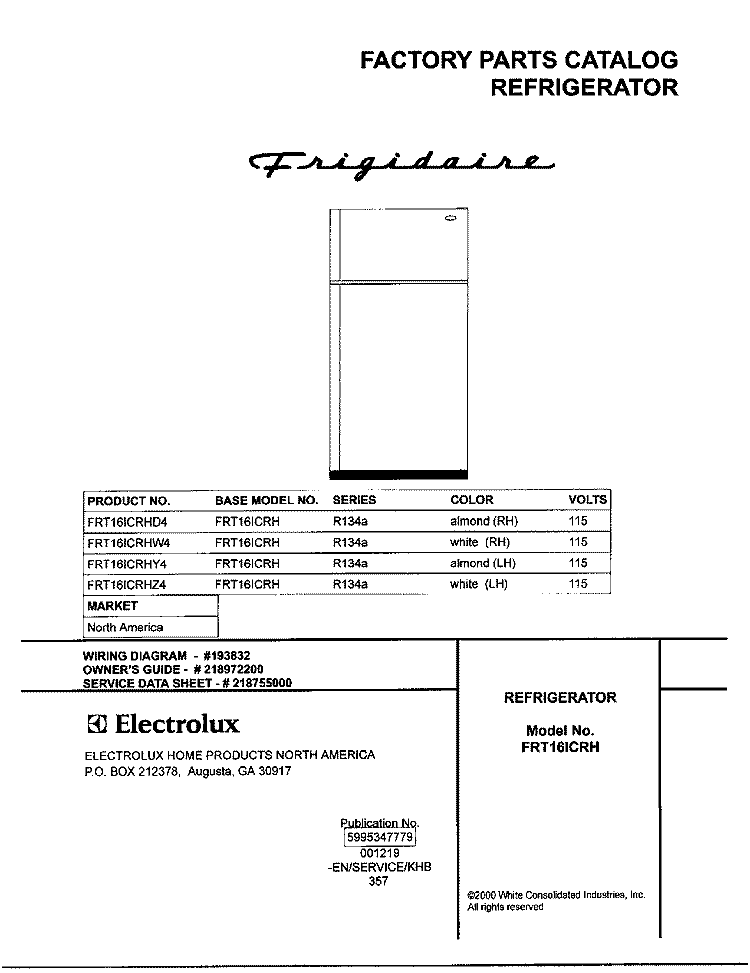 COVER Diagram and Parts List for FRT16ICRHD4  Frigidaire Refrigerator
