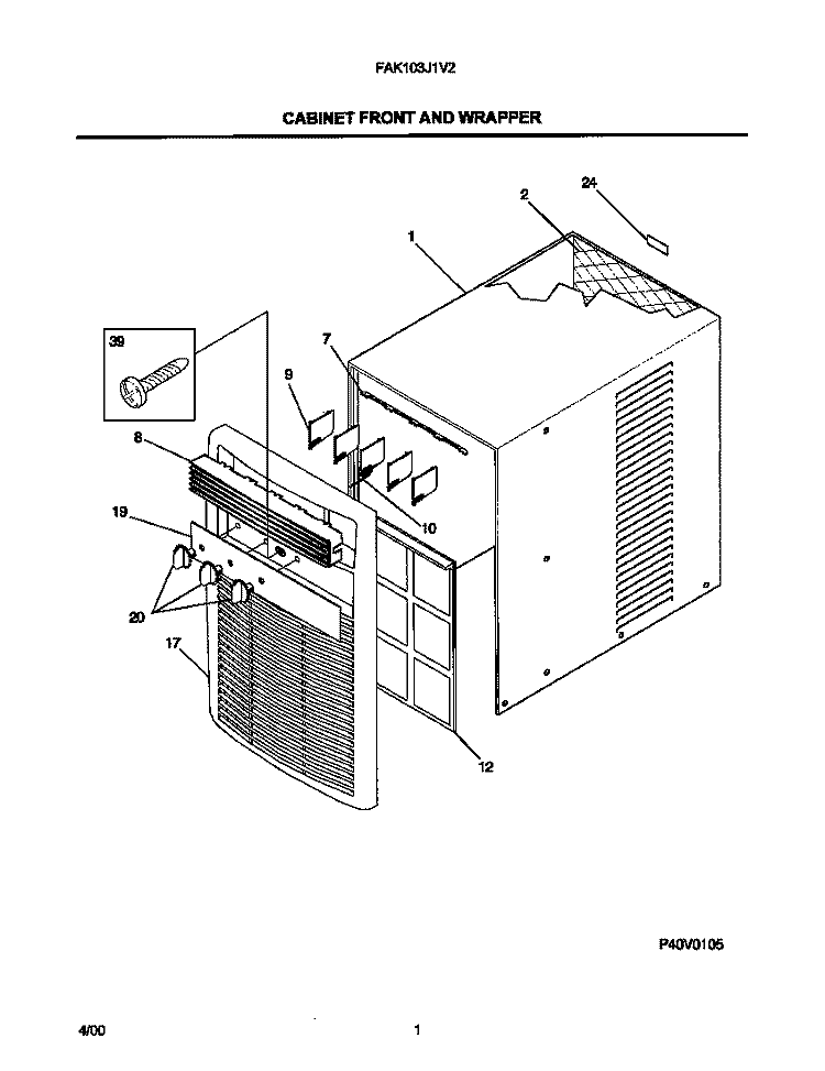 CABINET FRONT AND WRAPPER Diagram and Parts List for FAK103J1V2  Frigidaire Air Conditioner
