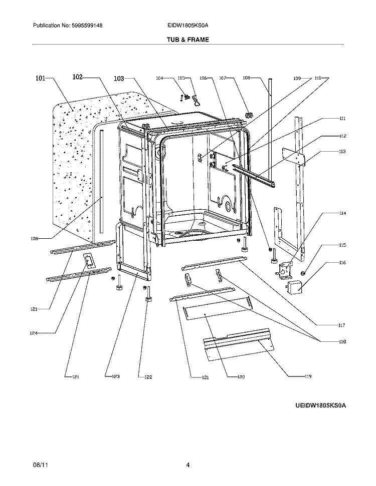 TUB & FRAME Diagram and Parts List for EIDW1805KS0A  Electrolux Dishwasher