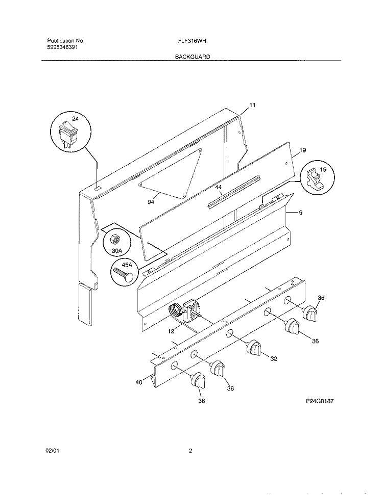 BACKGUARD Diagram and Parts List for FLF316WHSB  Frigidaire Range
