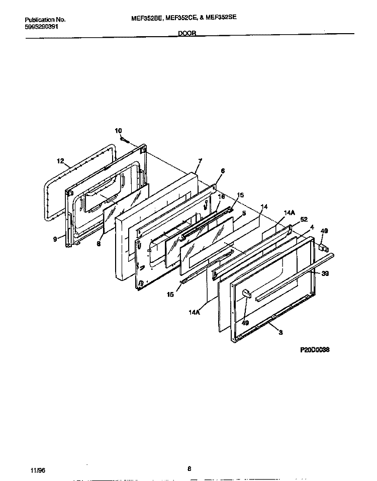 DOOR Diagram and Parts List for MEF352BEDD  Frigidaire Range