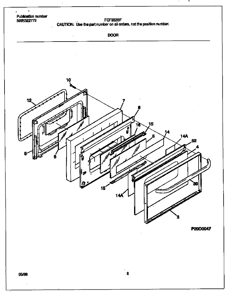 DOOR Diagram and Parts List for FEF353BFDE  Frigidaire Range
