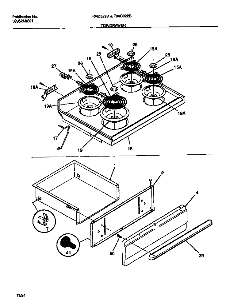 TOP / DRAWER Diagram and Parts List for F04B322BDA  Frigidaire Range
