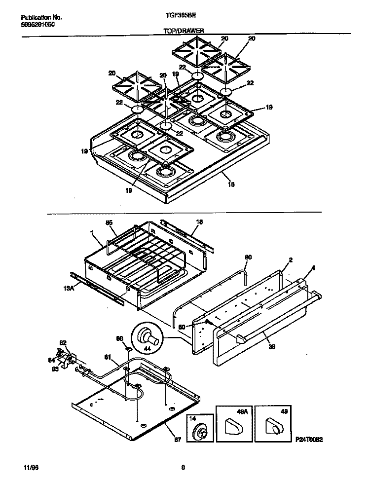 TOP / DRAWER Diagram and Parts List for TGF365BEDB  Tappan Range