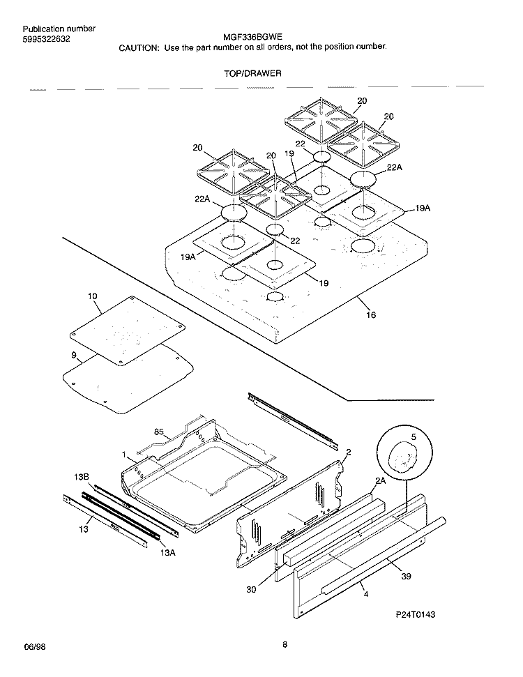 TOP / DRAWER Diagram and Parts List for MGF336BGWE  Frigidaire Range