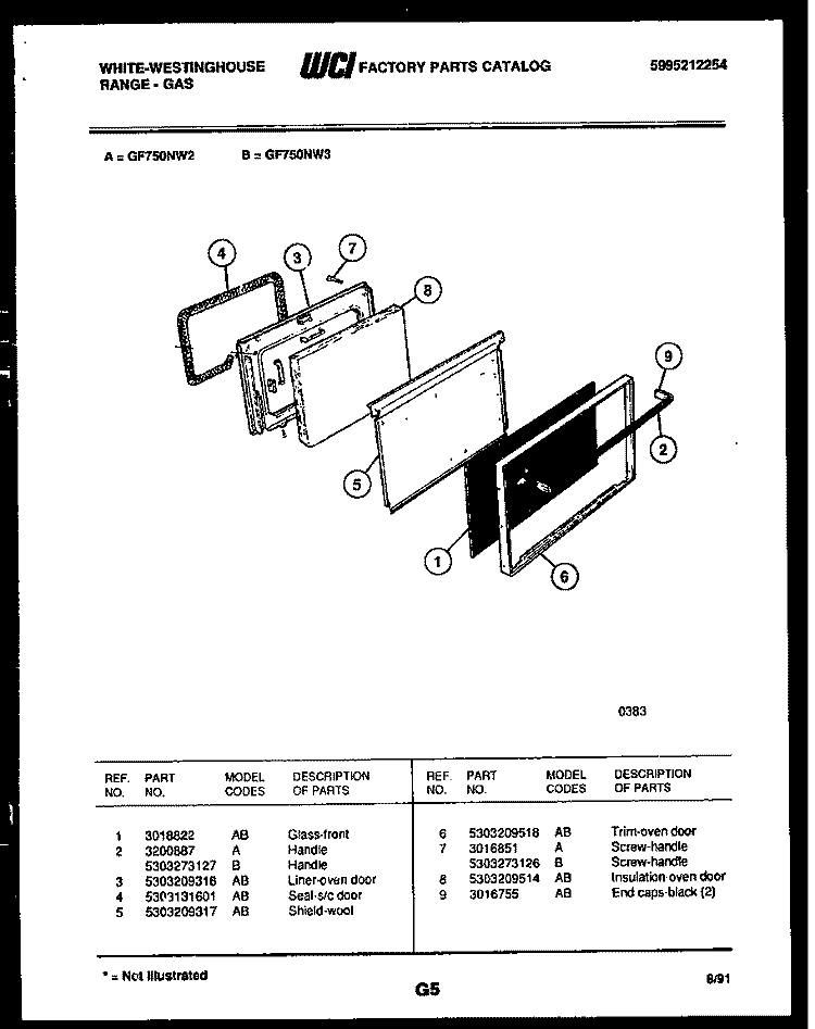 DOOR PARTS Diagram and Parts List for GF750NW3  Frigidaire Range