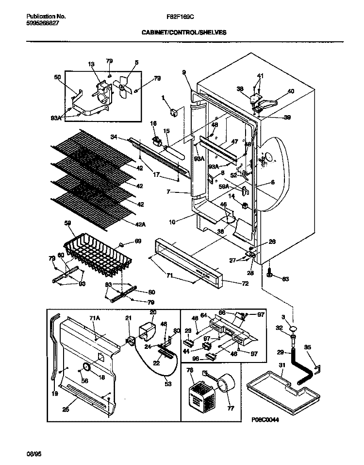 CABINET / CONTROL / SHELVES Diagram and Parts List for F82F169CW0  Frigidaire Freezer