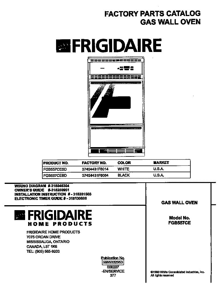 COVER Diagram and Parts List for FGB557CEBD  Frigidaire Wall Oven
