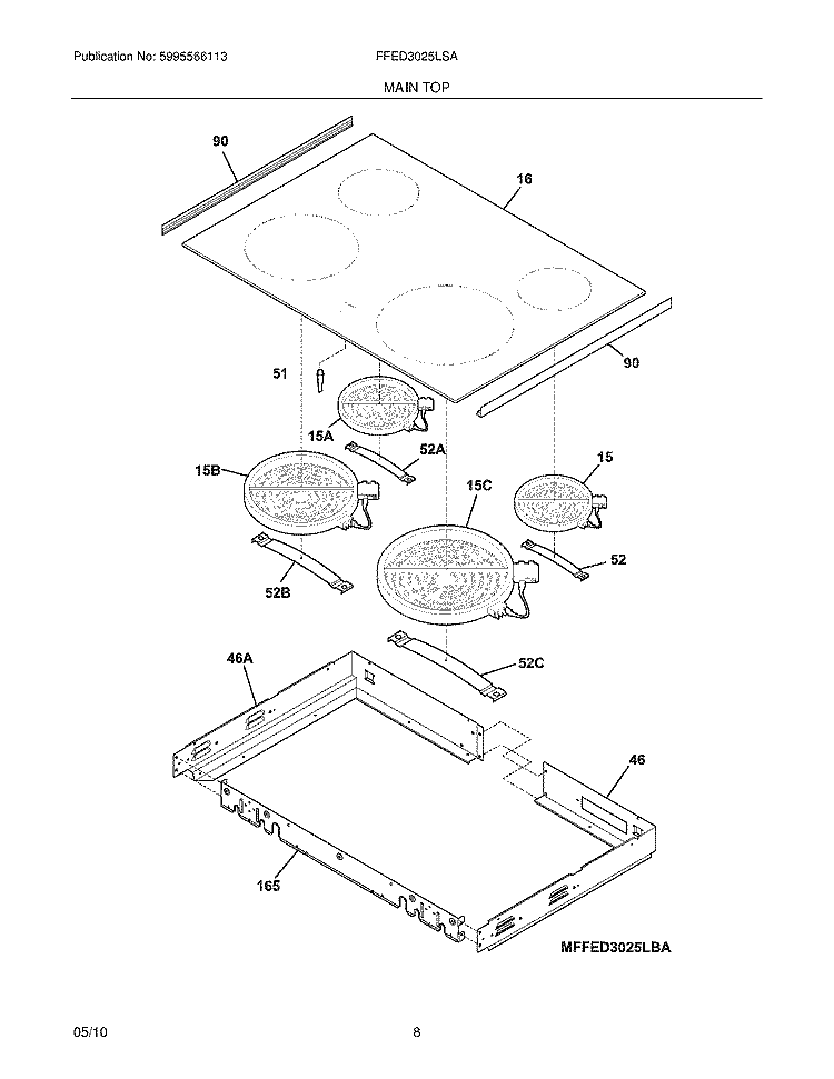 MAIN TOP Diagram and Parts List for FFED3025LSA  Frigidaire Wall Oven