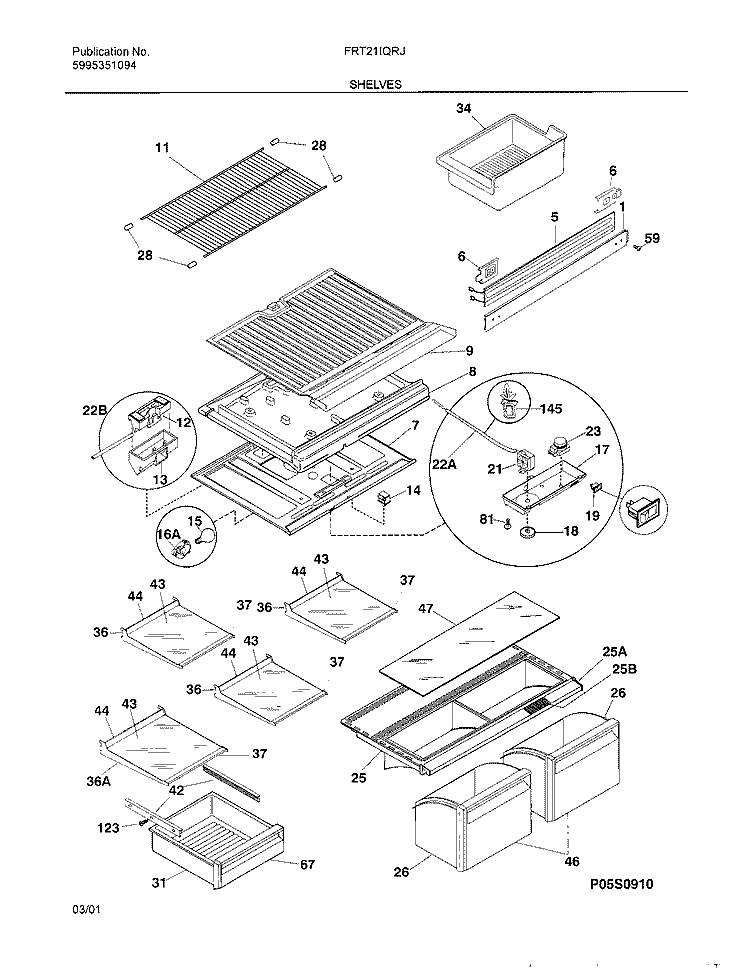SHELVES Diagram and Parts List for FRT21IQRJW1  Frigidaire Refrigerator