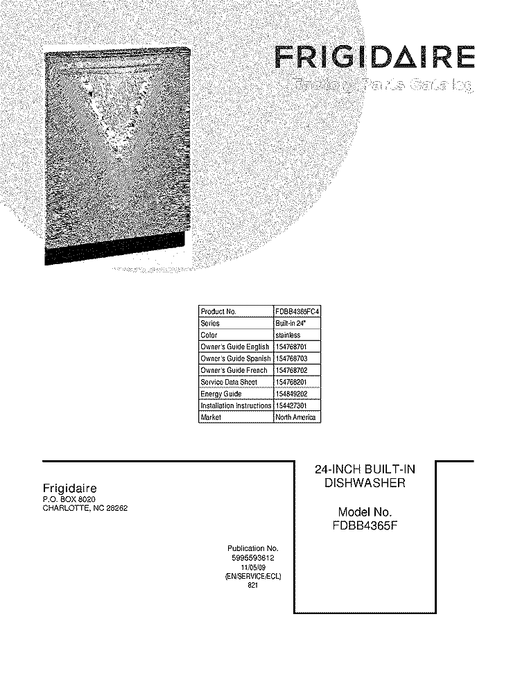 COVER Diagram and Parts List for FDBB4365FC4  Frigidaire Dishwasher