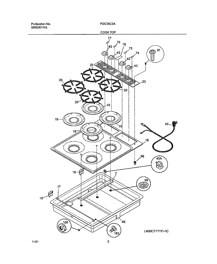 COOKTOP Diagram and Parts List for FGC26C3AWA  Frigidaire Cooktop