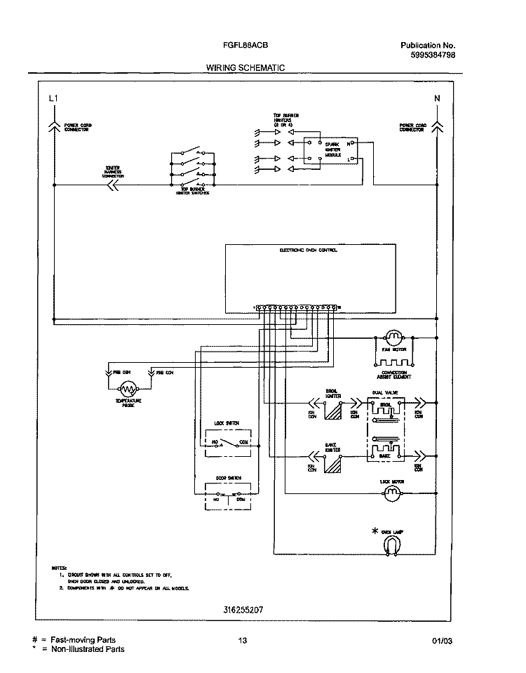 WIRING SCHEMATIC Diagram and Parts List for FGFL88ACB  Frigidaire Range