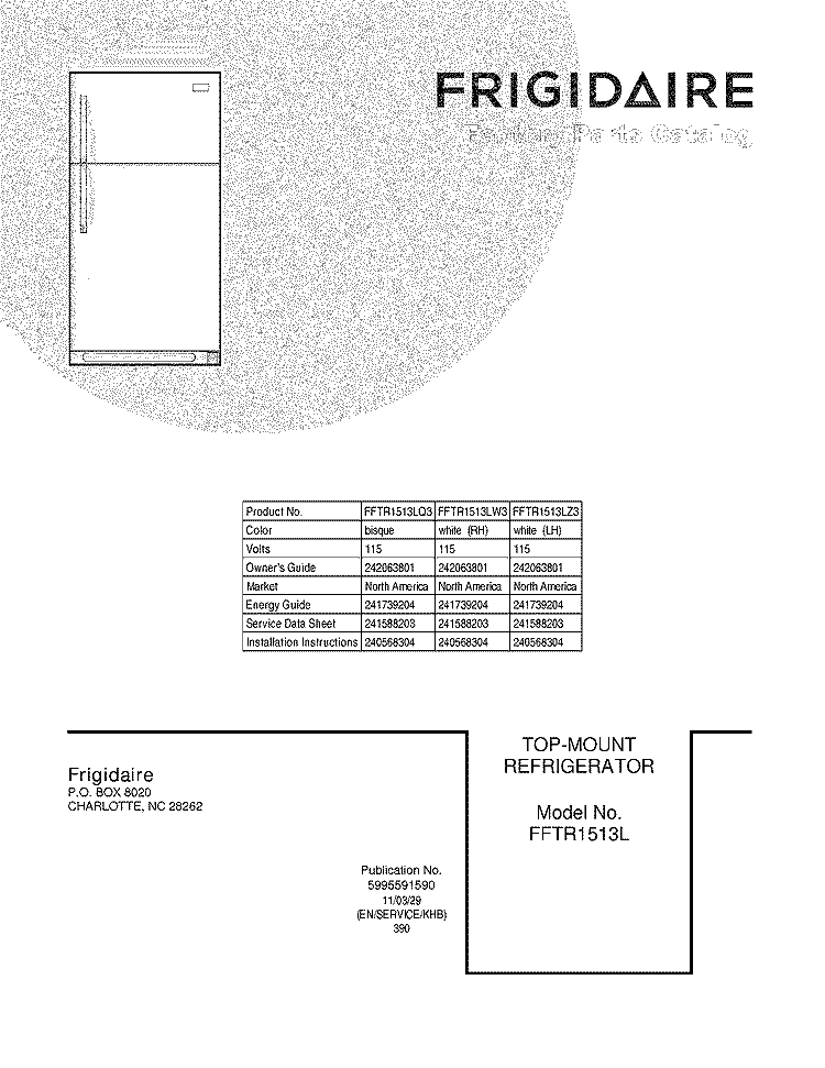 COVER Diagram and Parts List for FFTR1513LQ3  Frigidaire Refrigerator