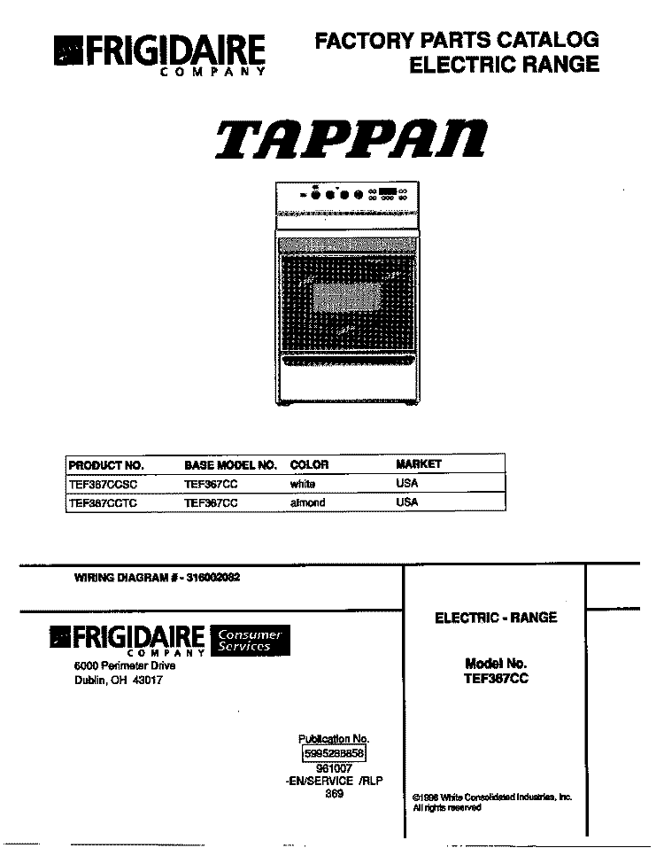 COVER Diagram and Parts List for TEF367CCSC  Tappan Range