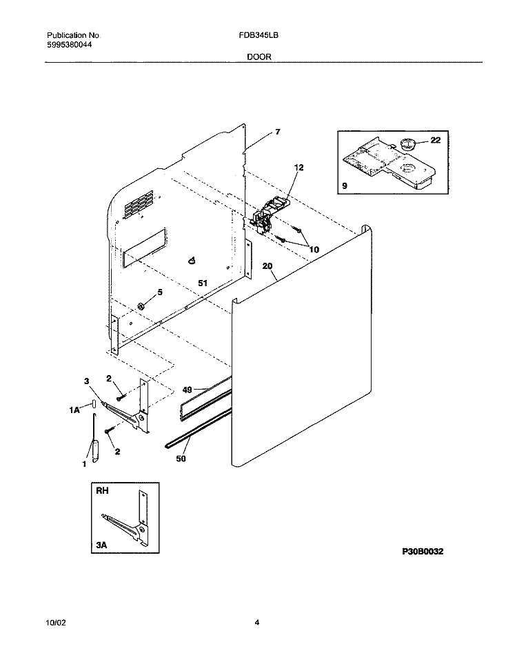 DOOR Diagram and Parts List for FDB345LBS1  Frigidaire Dishwasher