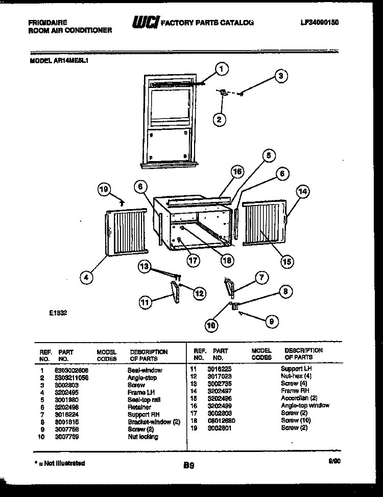 WINDOW MOUNTING PARTS Diagram and Parts List for AR14ME5L1  Frigidaire Air Conditioner