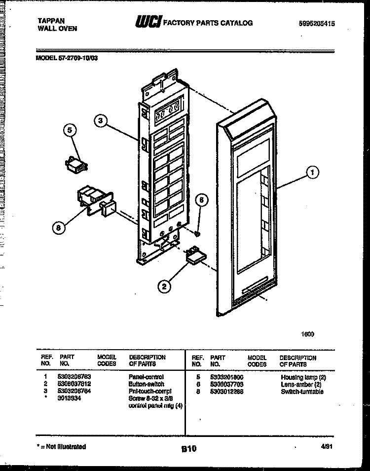 CONTROL PANEL Diagram and Parts List for 57-2709-10-03  Tappan Microwave Oven Combo