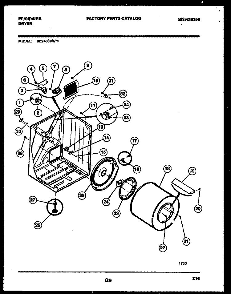 CABINET AND COMPONENT PARTS Diagram and Parts List for DE7400PW1  Frigidaire Dryer