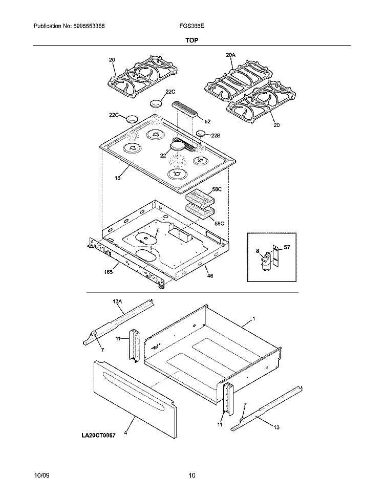 TOP Diagram and Parts List for FGS365EBI  Frigidaire Range