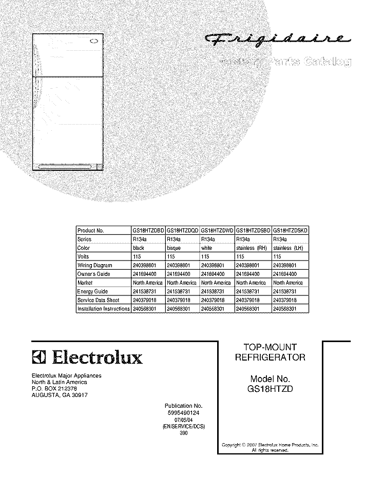 COVER Diagram and Parts List for GS18HTZDBD  Frigidaire Refrigerator