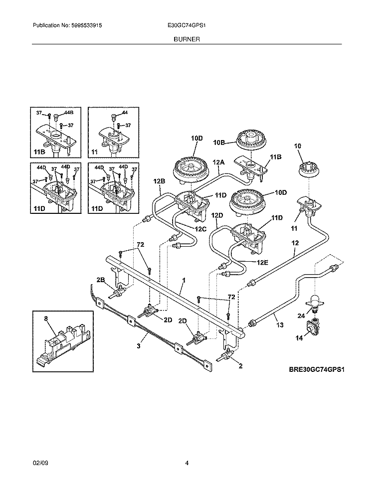 BURNER Diagram and Parts List for E30GC74GPS1  Electrolux Cooktop