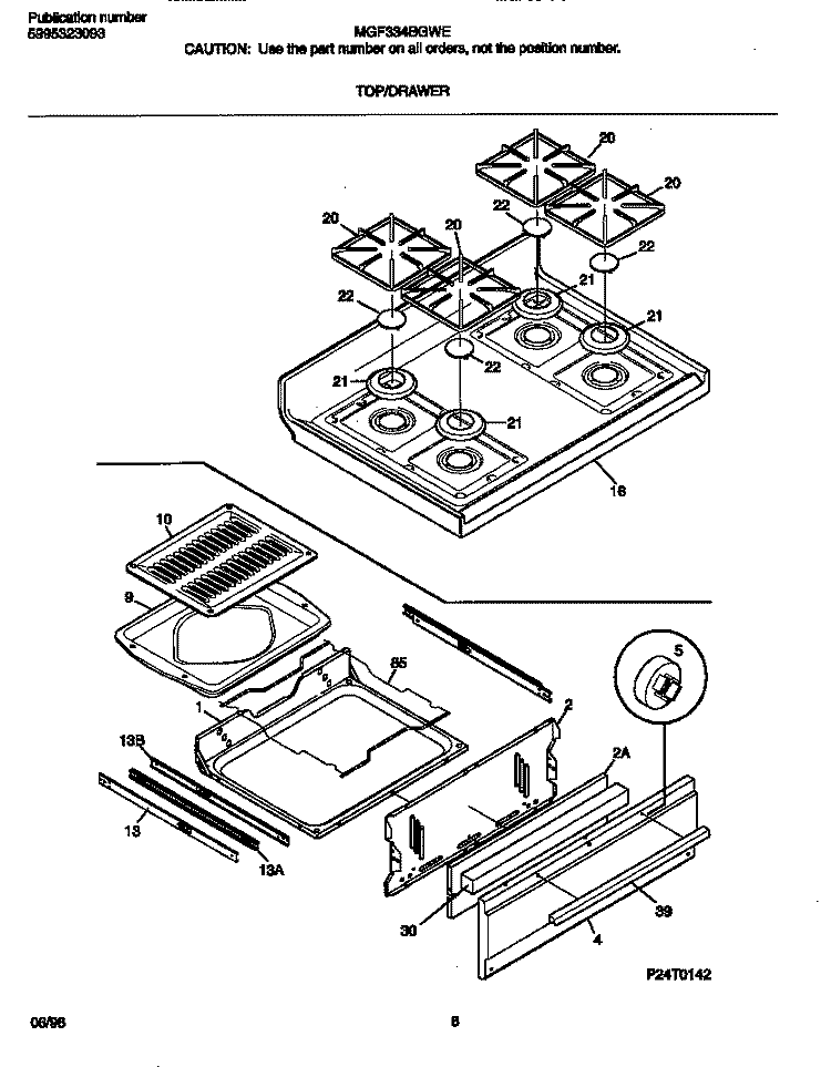 TOP / DRAWER Diagram and Parts List for MGF334BGWE  Frigidaire Range