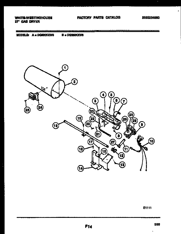 BURNER, IGNITER AND VALVE Diagram and Parts List for DG800KXW6  Frigidaire Dryer
