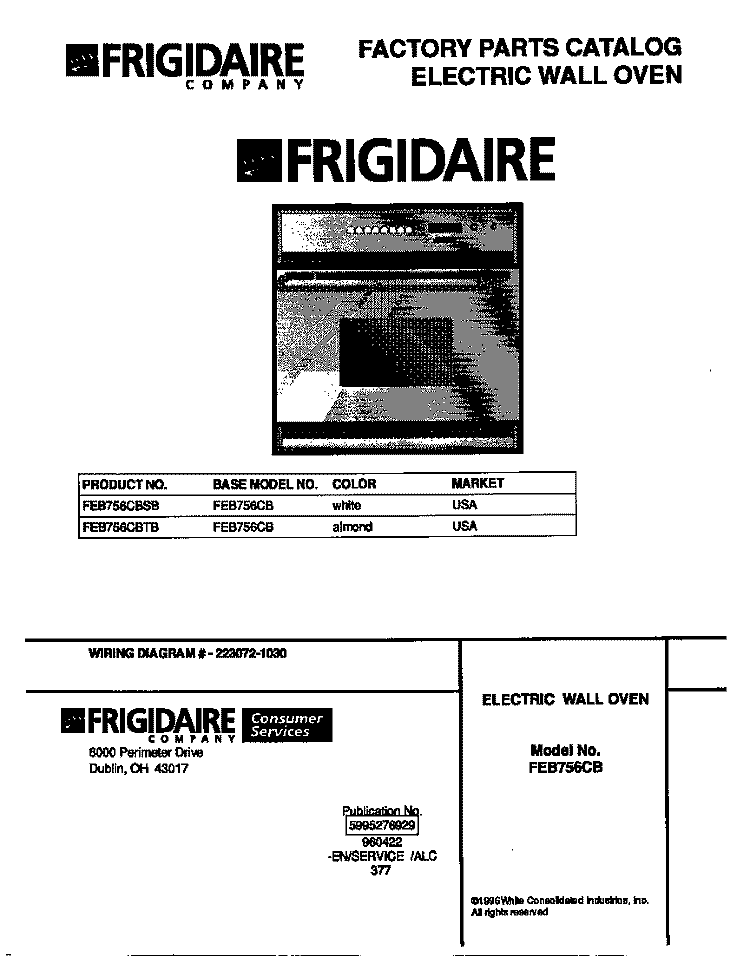 COVER Diagram and Parts List for FEB756CBSB  Frigidaire Wall Oven