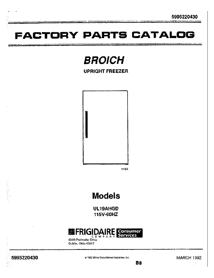 COVER Diagram and Parts List for UL19AHGD  Frigidaire Freezer