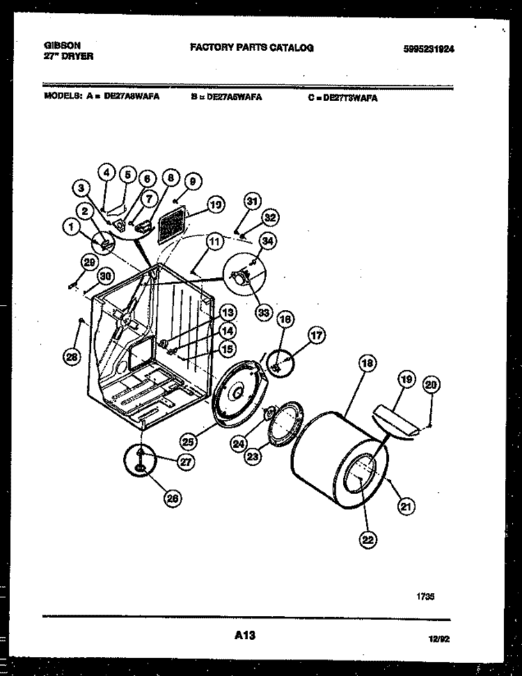 CABINET AND COMPONENT PARTS Diagram and Parts List for DE27T3WAFA  Gibson Dryer