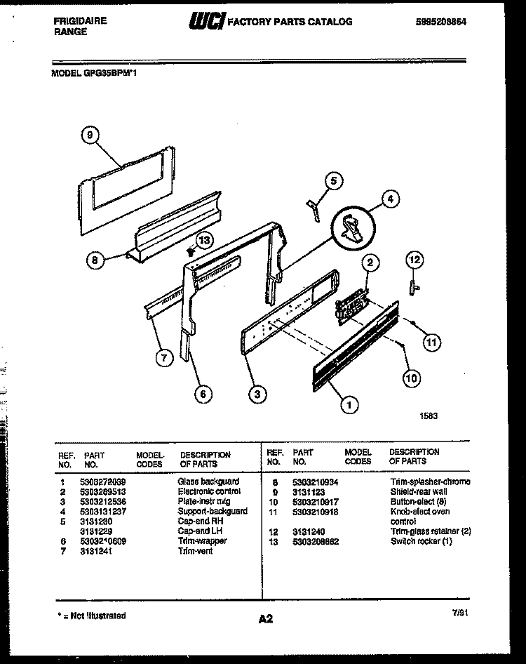 BACKGUARD Diagram and Parts List for GPG35BPM1  Frigidaire Range