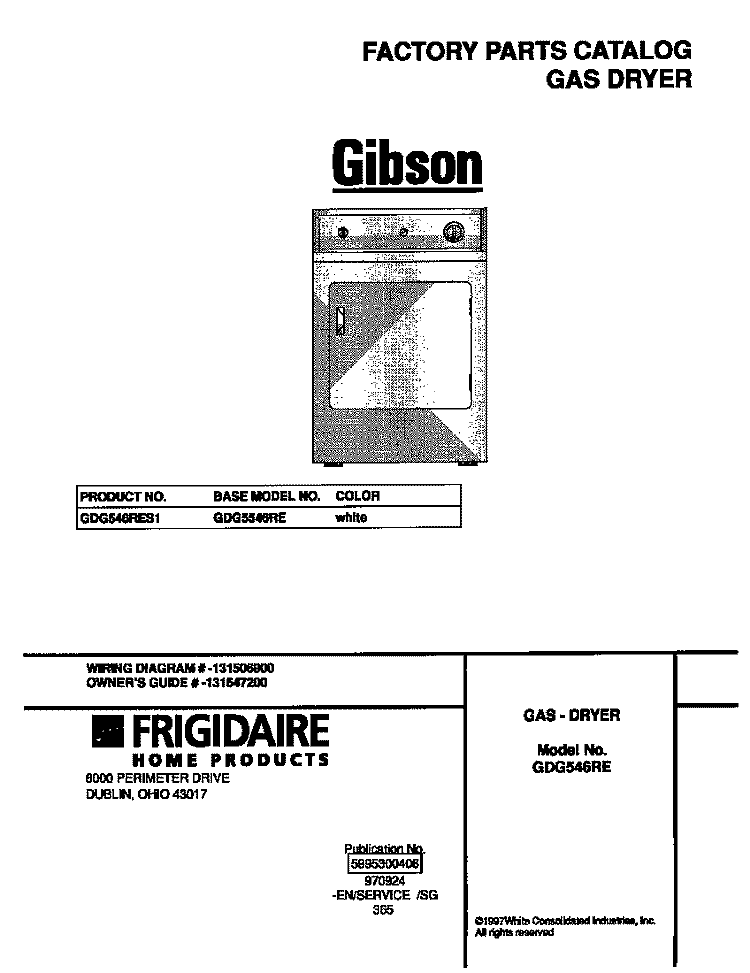 COVER Diagram and Parts List for GDG546RES1  Gibson Dryer