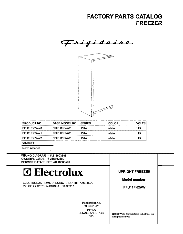 COVER Diagram and Parts List for FFU11FK2AW0  Frigidaire Freezer
