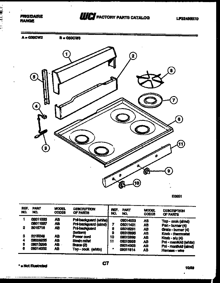 BACKGUARD AND COOKTOP PARTS Diagram and Parts List for G30CL2  Frigidaire Range