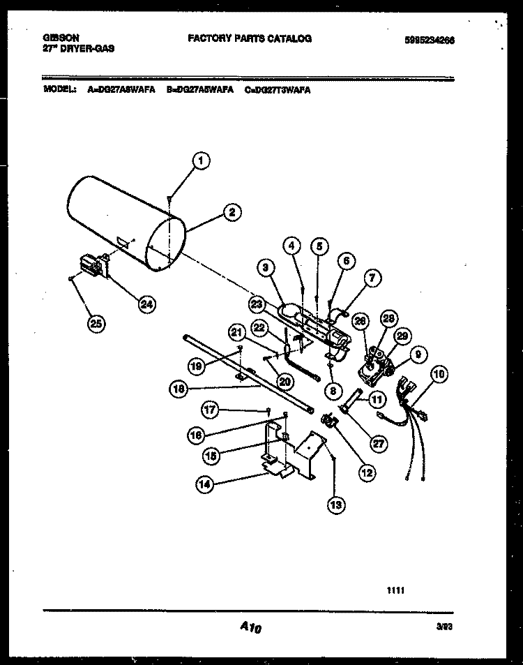 BURNER, IGNITER AND VALVE Diagram and Parts List for DG27T3WAFA  Gibson Dryer