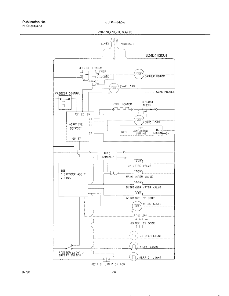 WIRING SCHEMATIC Diagram and Parts List for GLHS234ZAW1  Frigidaire Refrigerator