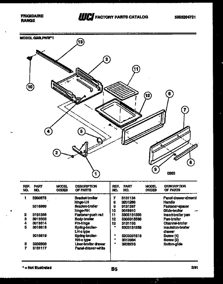 BROILER DRAWER PARTS Diagram and Parts List for G30LPNL1  Frigidaire Range
