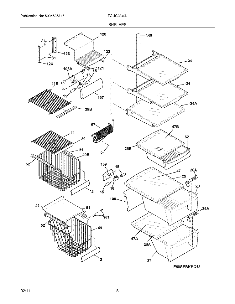SHELVES Diagram and Parts List for FGHC2342LF0  Frigidaire Refrigerator