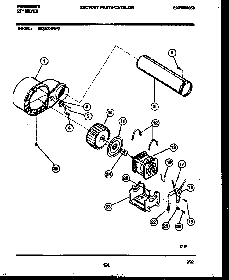 BLOWER AND DRIVE PARTS Diagram and Parts List for DE6420RW2  Frigidaire Dryer